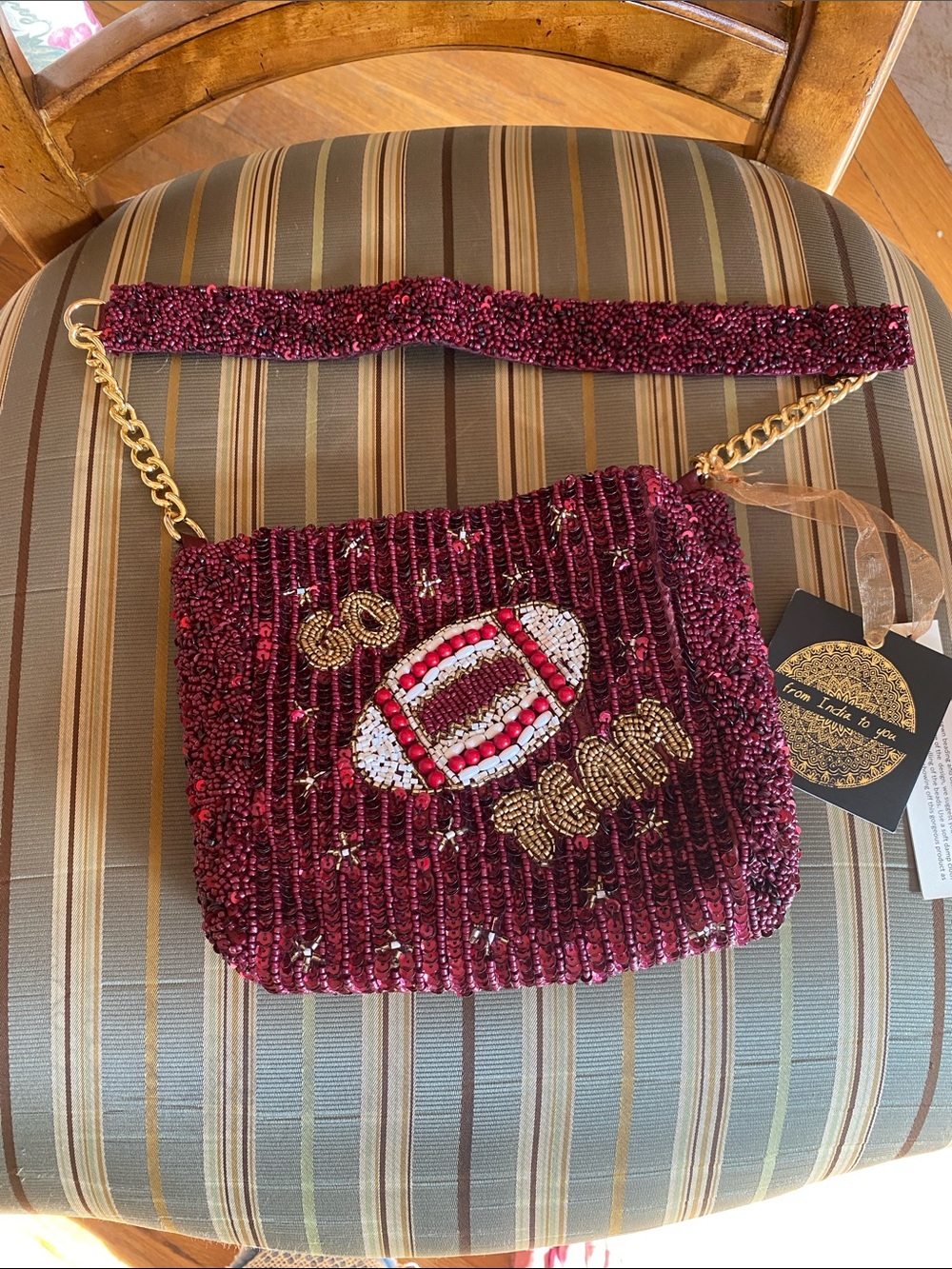 NWT Beaded Burgundy Football Accent Says Go Team with a picture of w football.